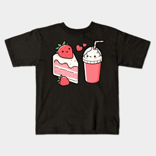 Kawaii Strawberry Cake and Ice Cream Milkshake in Love | Cute Kawaii Design for Couples Kids T-Shirt